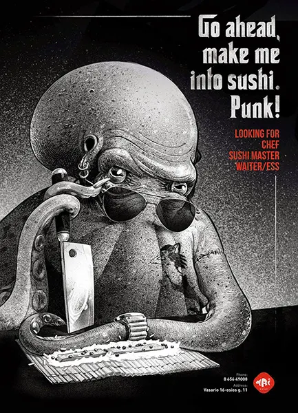Octopus with sunglasses ready to cut sushi