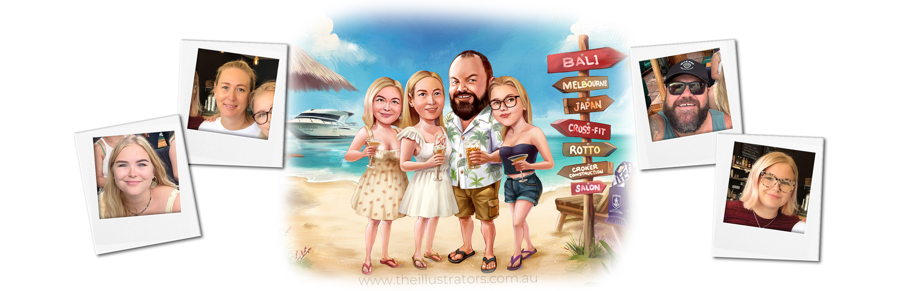 Hand-drawn caricature of a family of four