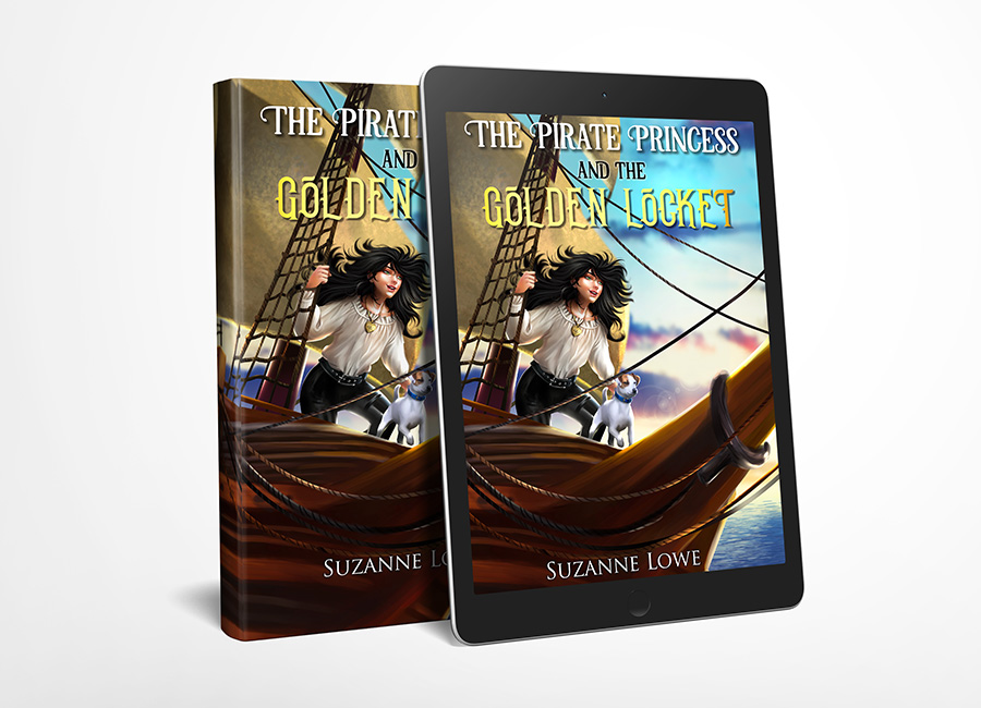Illustration of a girl and a jack russel on a pirate ship