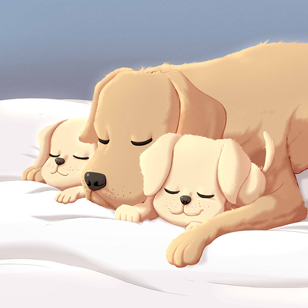 A mother dog and two puppies