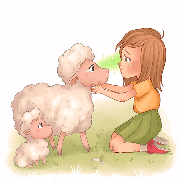 Boy and girl with some cows