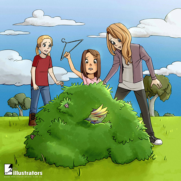Three sisters looking for a magical bird in a bush