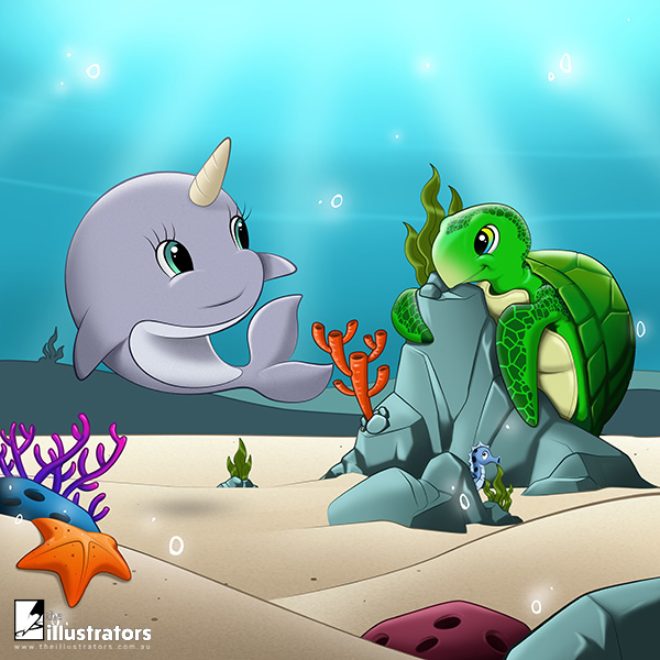 Narwhal playing with a green turtle