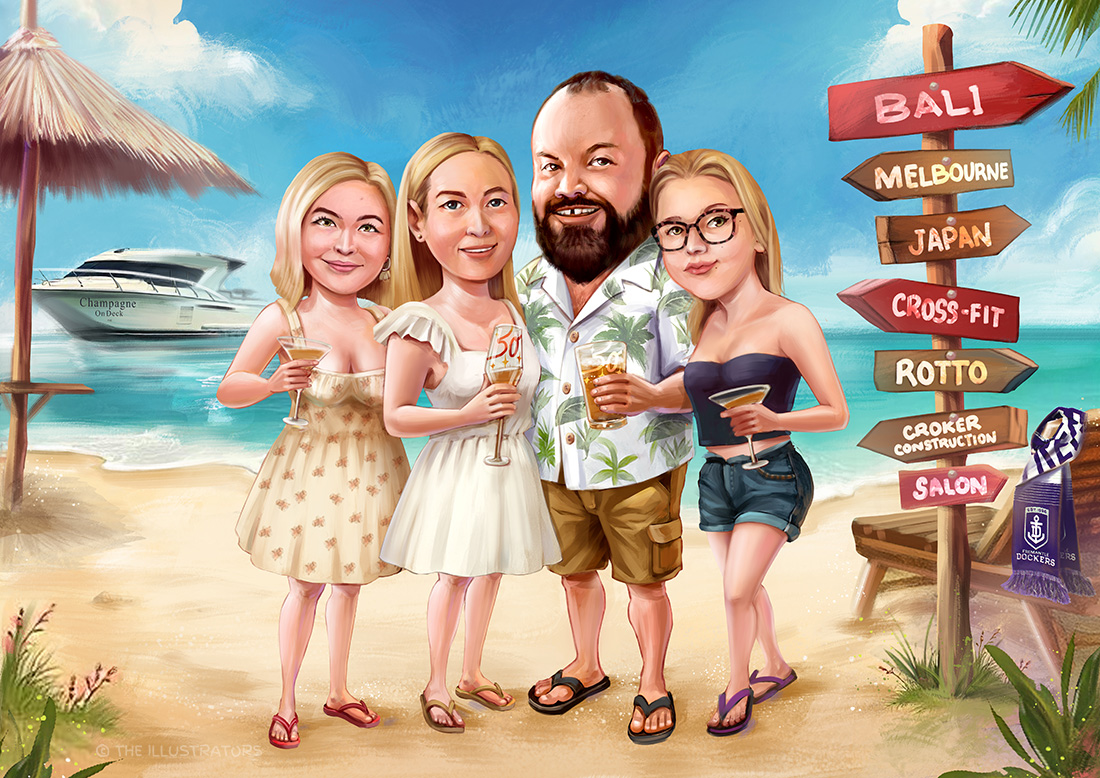 A family of four at the beach celebrating 50th birthday