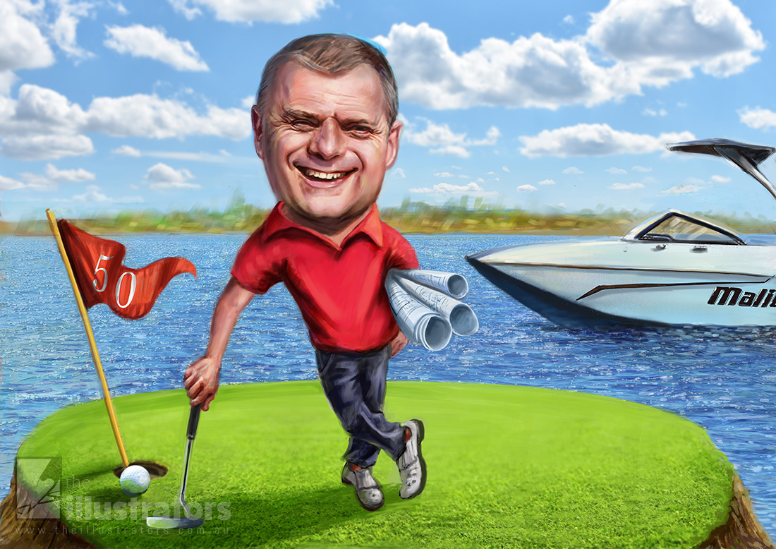 50th birthday caricature on a golf green and a Malibu boat in the background
