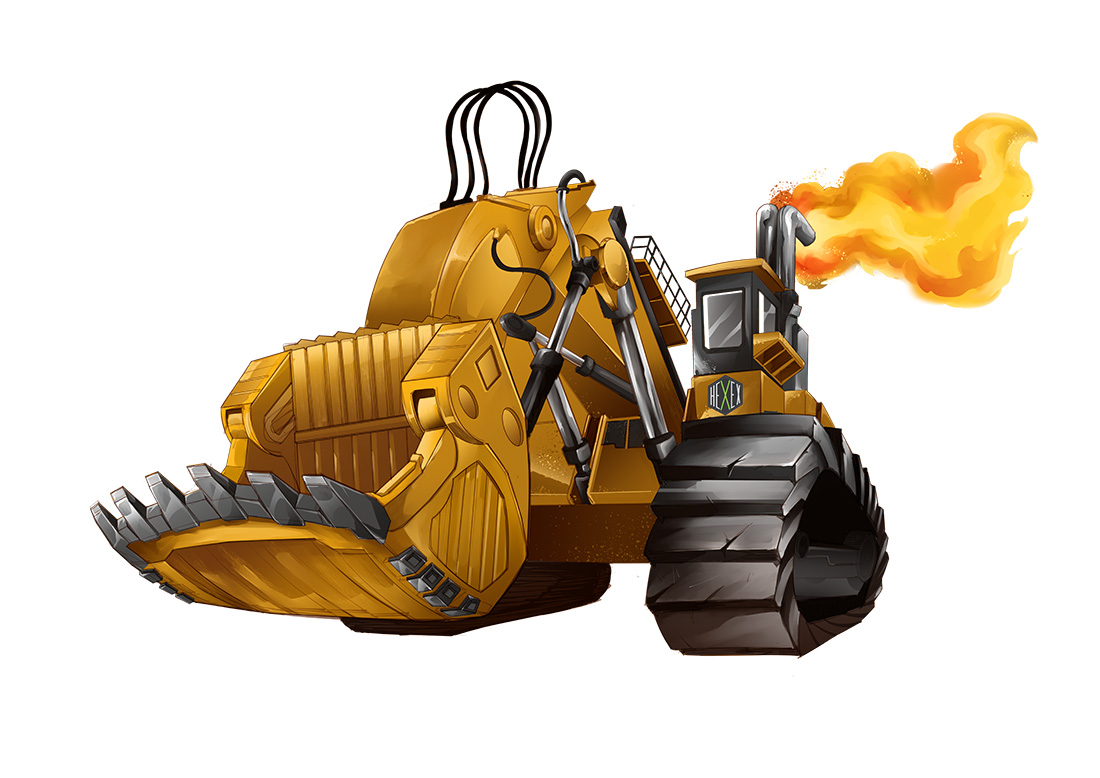 A cartoon caricature of a CAT 6090 digger