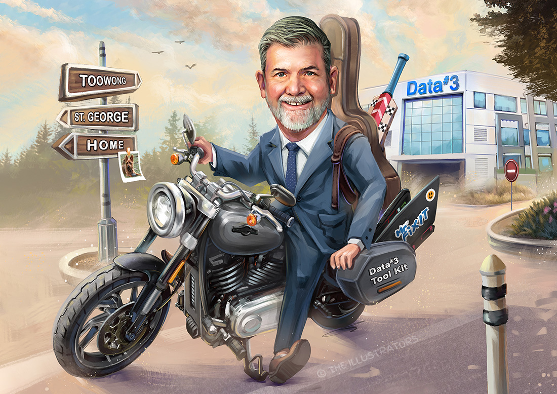 A man riding a motorbike in Brisbane. Office in the background.