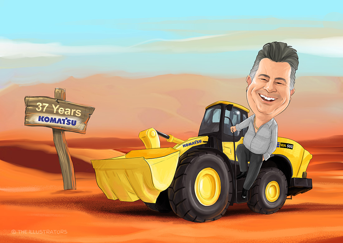 A happy man hanging on to the side of a Komatsu digger