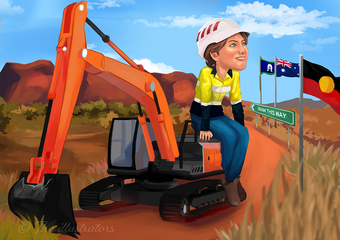 A lady miner sitting on a digger wearing a hard hat
