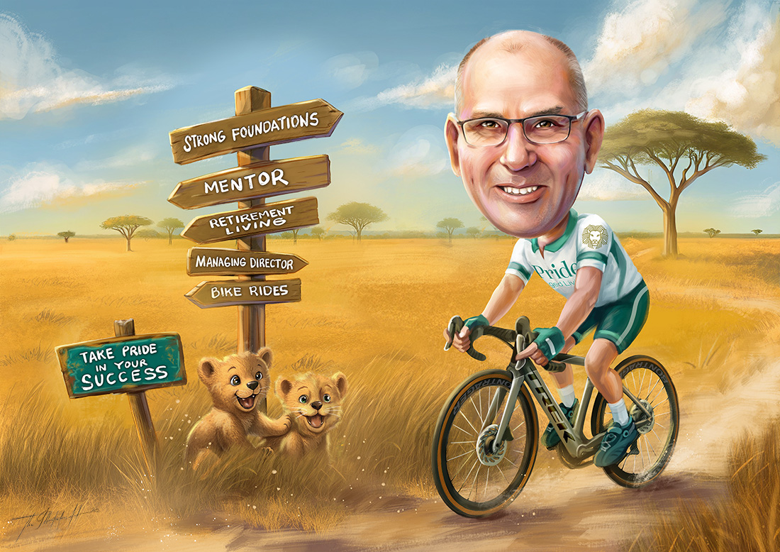 Caricature of a man riding a bike with two lion cubs in the background