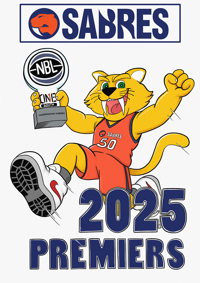 Cartoon of Sabres NBA mascot holding a trophie