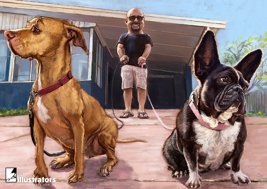 A man taking his two dogs for a walk