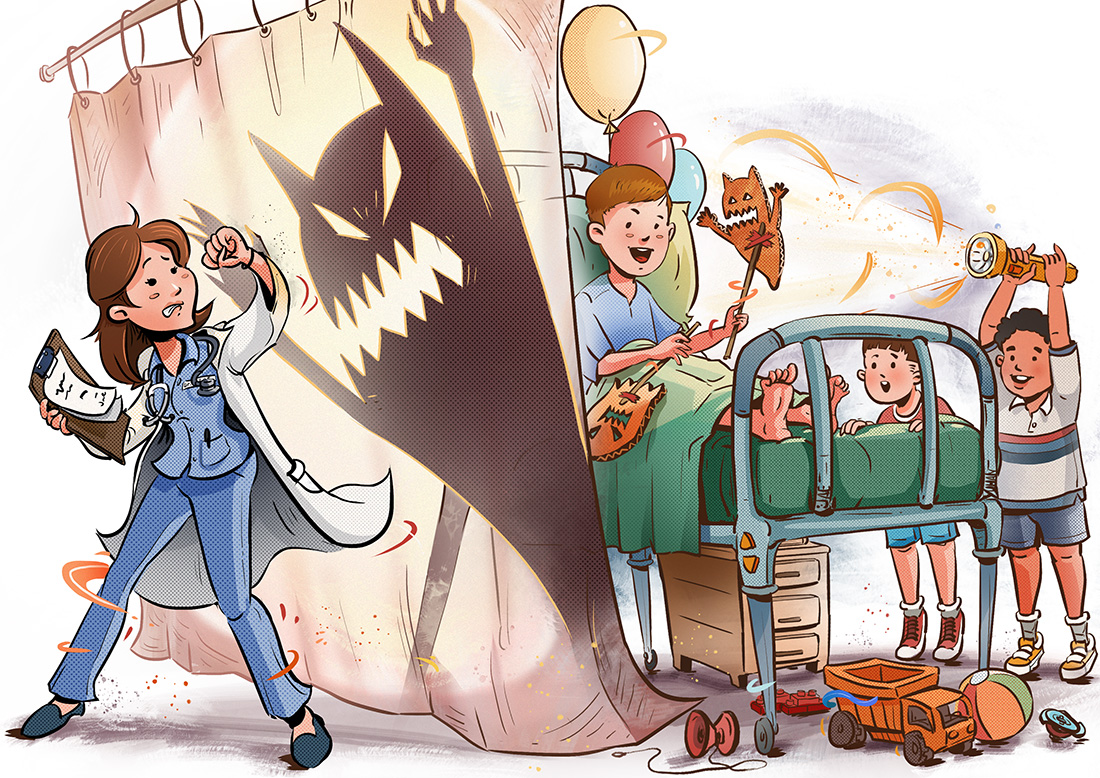 A boy in a hospital bed making shadow puppets with his friends