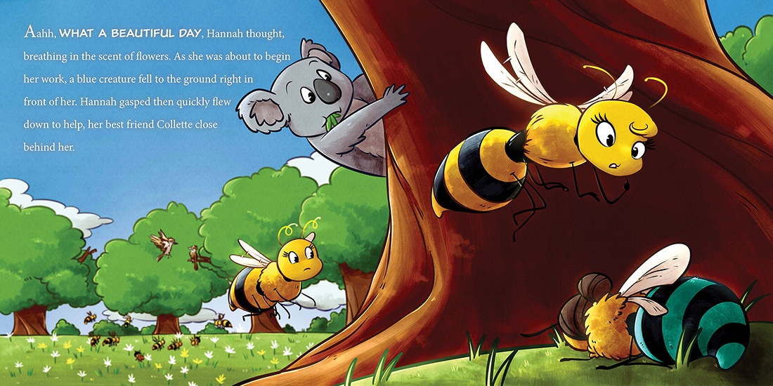 Three bees and a koala peeking around a tree