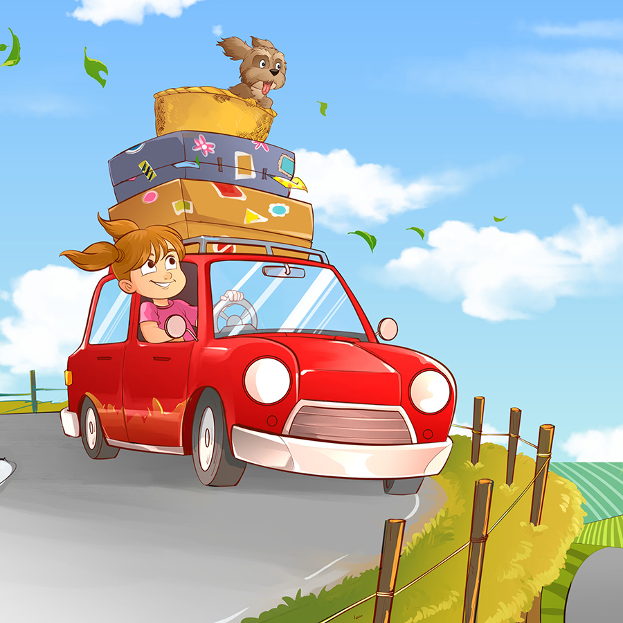 Cute girl driving with her dog on the roof