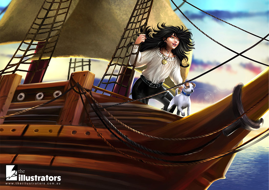 Teenage girl with jack russell on a pirate ship
