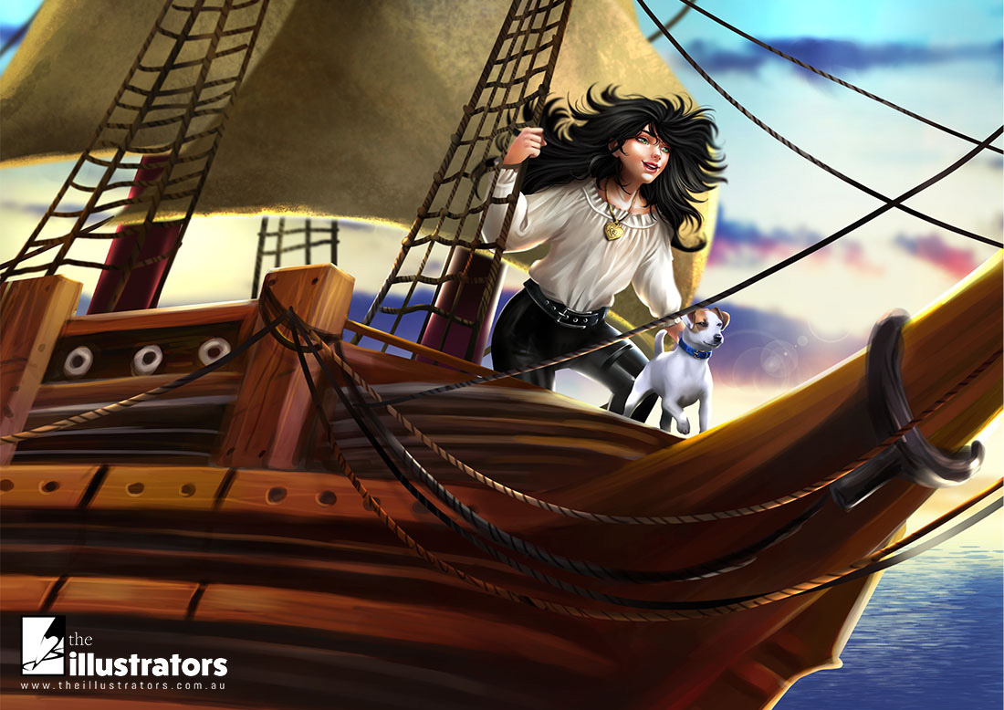 Teenage girl with a jack russell on a pirate ship