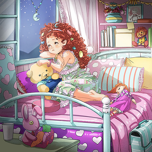 Sad girl with red curly hair staring out the window in her bedroom
