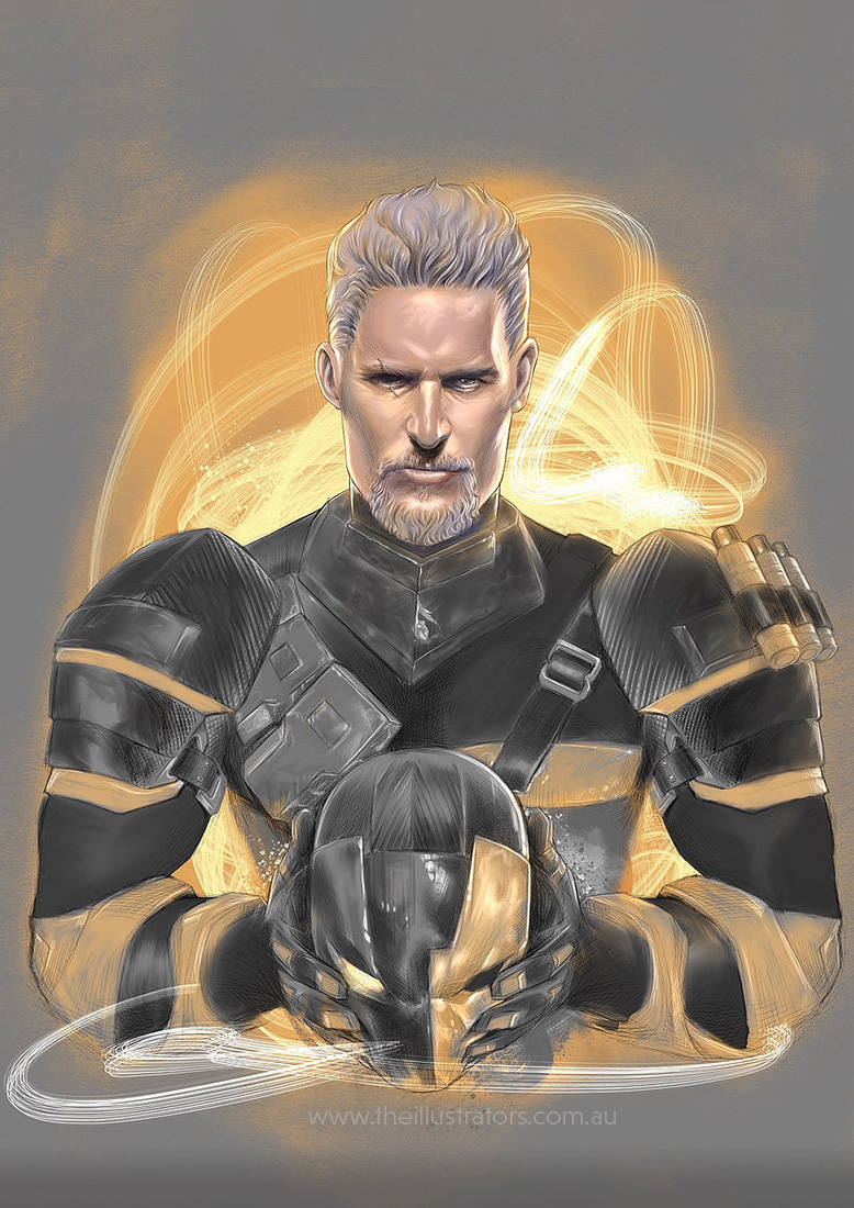 Painterly Poster of a sci-fi man holding a helmet
