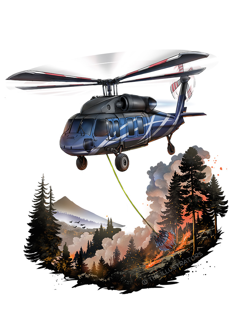 An ex US military Blackhawk helicopter fighting fires