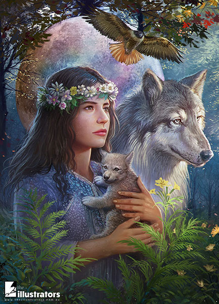 Beautiful woman holding a baby wolf