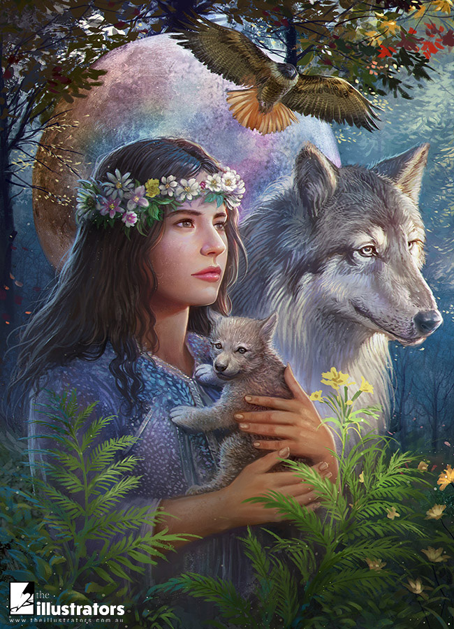 Beautiful woman holding a baby wolf