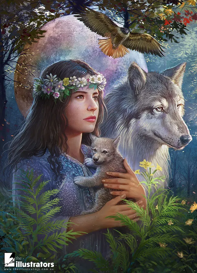 Beautify woman holding a baby wolf