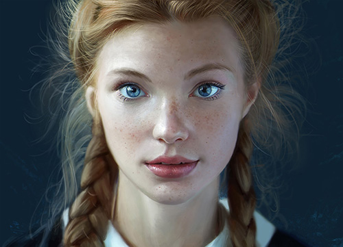 Portrait of young girl with blue eyes and freckles