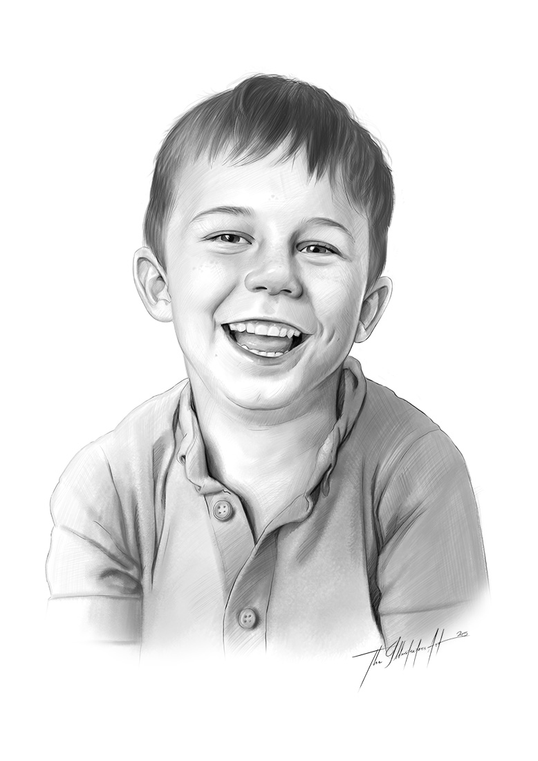 Charcoal portrait of a happy boy